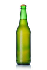 Single bottle of cold light beer with drops