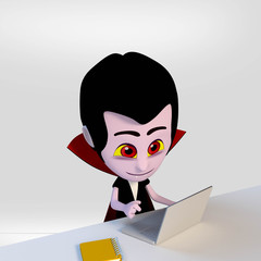 Halloween, boy dressed vampire studying