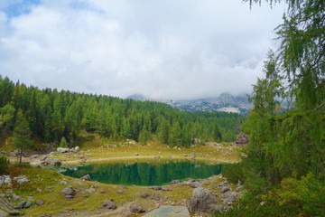 Fototapeta na wymiar Dvojno jezero (Double Lake) at Triglav national park on a hiking trail called Seven Lakes (Sedmera jezera), Julian Alps, Slovenia