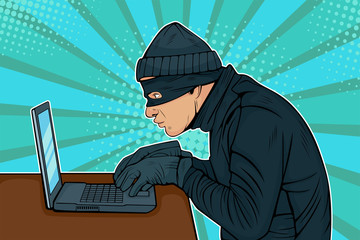 Caucasian hacker thief hacking into a computer. Vector illustration in pop art retro comic style
