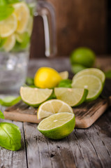 Lime lemons limonade, fresh herbs and ice in