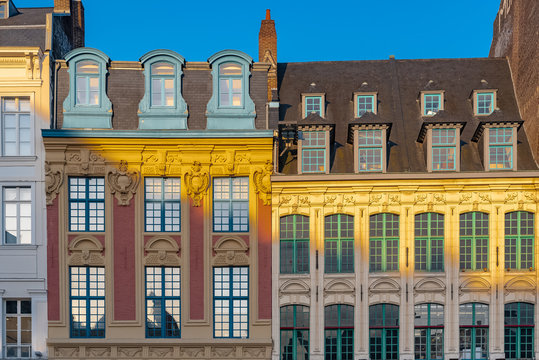Lille, ancient houses in the center, beautiful light in the morning
