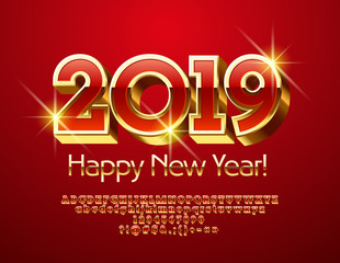 Vector Luxurious Greeting Card Happy New Year 2019. Red and Golden 3D Font. Bright Alphabet Letters, Numbers and Symbols