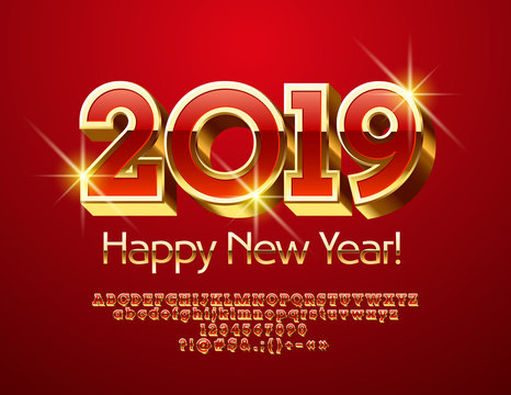 Vector Luxurious Greeting Card Happy New Year 2019. Red and Golden 3D Font. Bright Alphabet Letters, Numbers and Symbols