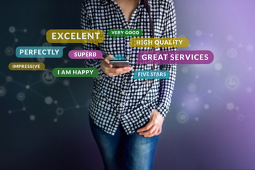 Customer Experience Concept. Happy Client using Smart Phone to Reading Positive Review or Feedback...