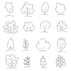 Set of sixteen abstract symbols of trees, line art, black outline vector sign, collection of icons, logo, isolated nature elements, objects on the white background 
