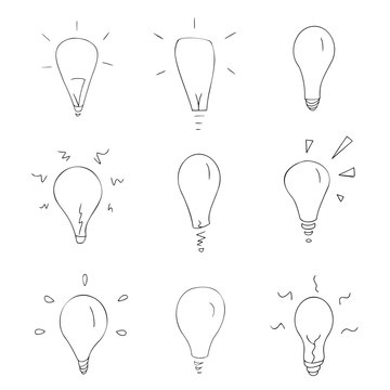 Set of nine abstract symbols of lamps, ideas, line art, black outline vector sign, collection of icons, isolated elements, objects on the white background © Olya Kis