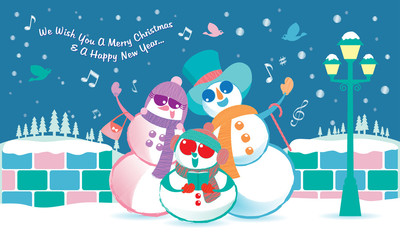 Vector of a snowman's family, singing Christmas carol under the snow. 