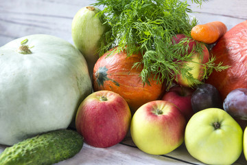 pumpkins, apples, greens, cucumber, zucchini, carrot, plum, fresh vegetables