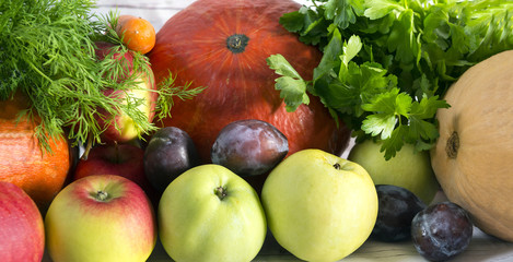fresh fruits and vegetables, pumpkins, apples, greens, plums, autumn harvest, parsley, dill