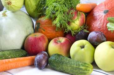 fresh fruits and vegetables, pumpkins, apples, greens, plums, autumn harvest, parsley, dill, carrots, cucumbers, zucchini