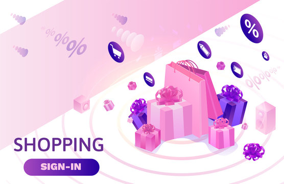 Isometric sale design, online offer concept for ecommerce discount campaign, cyber monday or black friday landing page template, 3d vector illustration with violet box, people purchasing gifts