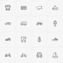 Transport line icon set with air balloon, motor bike  and mini van