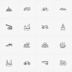 Transport line icon set with water scooter, mini bus and concrete mixer car