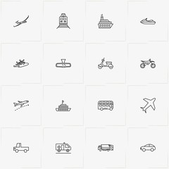 Transport line icon set with rear view mirror, electric scooter  and train