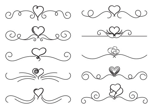 Swirls thin line set with hearts. Decorative elements for frames. Elegant swirl vector illustration.
