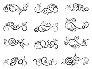 Swirl set of vector graphic elements for design, postcard, menu, wedding invitation, romantic style. Floral set of curls and scrolls. Vector illustration dividers and borders. 