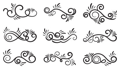 Calligraphic black and elegant swirl dividers collection. Set of curls and scrolls for wall and page decoration, greeting cards and tattoos. Vector calligraphic design border elements illustration.