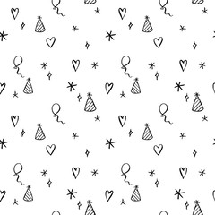 Hand drawn birthday seamless pattern with balloons, hearts, sparkles etc in black and white
