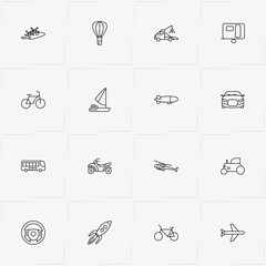 Transport line icon set with air balloon, steering wheel and bus