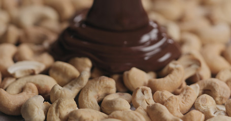 closeup covering roasted cashew with melted dark chocolate