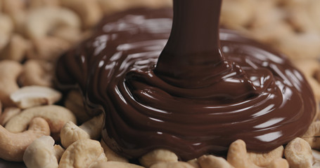 closeup covering roasted cashew with melted dark chocolate