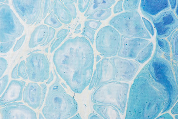 Beautiful background of liquid acrylic in blue and white on canvas