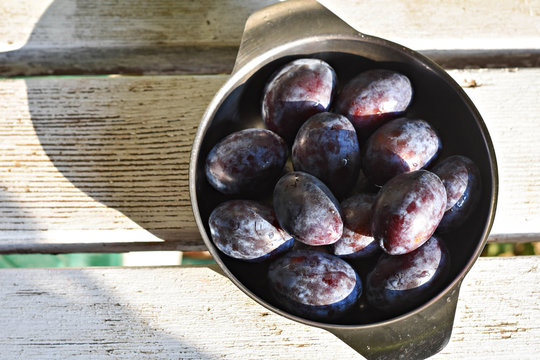 Fresh organic blue plums at wooden table