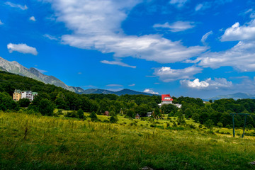 A distant view of the Gran Sasso mountain chain located in the national park Gran Sasso in Prati di...