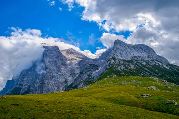 Fototapeta premium An overview that captures the mountain chain Gran Sasso located in the National Park Gran Sasso in Prati di Tivo,Teramo province,Abruzzo region Italy