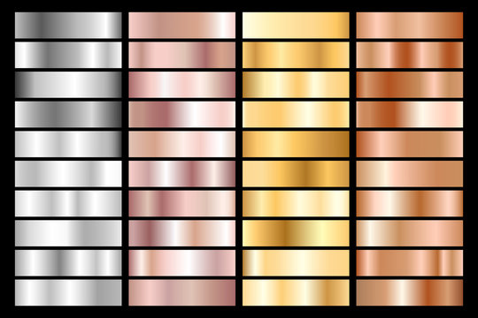 Collection of silver, chrome, gold, rose gold and bronze metallic gradient. Vector illustration