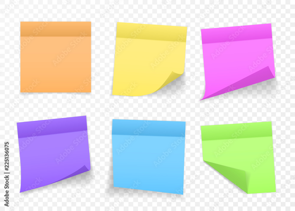 Poster collection of different colored sheets of note papers with curled corner and shadow, ready for your 
