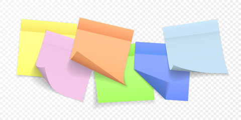 Collection of different colored sheets of note papers with curled corner and shadow, ready for your message. Realistic. Isolated on transparent background. Set. Vector illustration