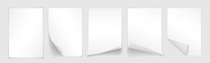 Fotobehang Blanco A4-vel wit papier met gekrulde hoek en schaduw, sjabloon voor uw ontwerp. Set. vector illustratie © Oleh
