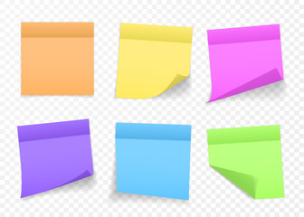 Collection of different colored sheets of note papers with curled corner and shadow, ready for your message. Realistic. Isolated on transparent background. Set. Vector illustration