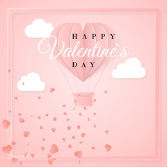 Happy valentines day invitation card template with origami paper hot air balloon in heart shape, white clouds and confetti. Pink background. Vector illustration