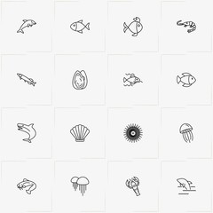 Undersea World line icon set with shark , jellyfish  and oyster