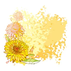Gordijnen Vector corner bouquet with outline Aster flower, ornate leaves and bud in orange and yellow colored on the pastel textured background. Contour blooming Aster bunch for summer or autumn design. © bokasana