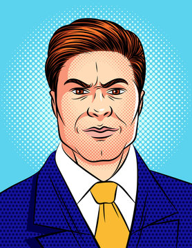 Vector colorful pop art comic style illustration of an angry man's face isolated from blue dot background. Portrait of furious businessman. Emotional face of big boss