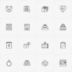 Valentines Day line icon set with teddy bear, gift  and ring