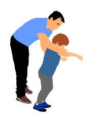 Physiotherapist and kid, boy exercising in rehabilitation center, vector illustration isolated. Doctor pediatrician supports the child during physiotherapy treatment. holding hands making first steps.