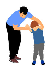 Physiotherapist and kid, boy exercising in rehabilitation center, vector illustration isolated. Doctor pediatrician supports the child during physiotherapy treatment. holding hands making first steps.