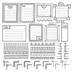 Set of doodle frames, borders, corners, dividers, ribbons, weekdays and design elements