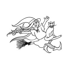 Vector Halloween girl witch on broom with cat. Humorous young magician and pet to all saints day. Black white sketch illustration children party. Charmer in pointed hat flying.