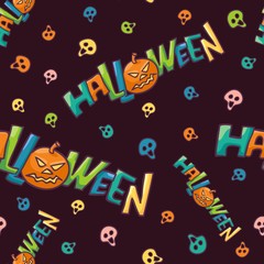 Halloween bright vector seamless pattern colorful skulls and lettering with pumpkin to all saints day. Fun festive background for the party, gift wrapping or cards.