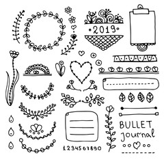 Bullet journal hand drawn vector elements for notebook, diary and planner. Doodle banners isolated on white background. Frames, dividers, floral elements, flowers.