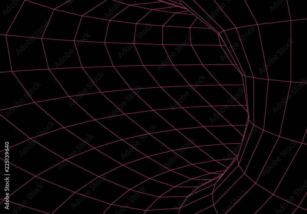 Poster tunnel or wormhole. digital 3d wireframe tunnel. 3d tunnel grid. network cyber technology. surrealis