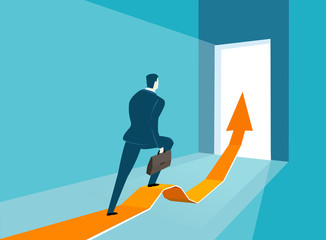 Obraz premium Businessman walking along the arrow, pointing to the success. Innovation, progress and advisory concept illustration. 