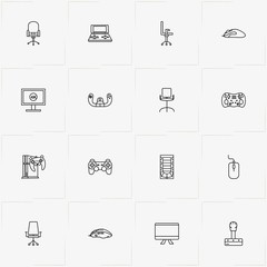 Video Games line icon set with joystick , office chair  and game steering wheel