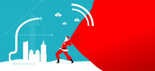 Santa Claus caring huge sack of presents to the City. Christmas in Business 